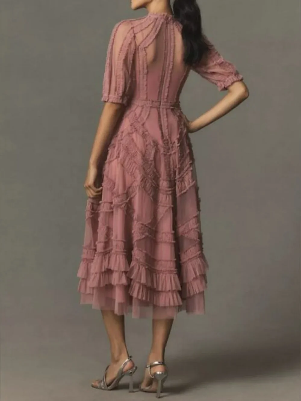 Anthropologie Mac Duggal 8058 Pink High Neck Micro Ruffle Tiered Midi Dress - Picture 4 of 6